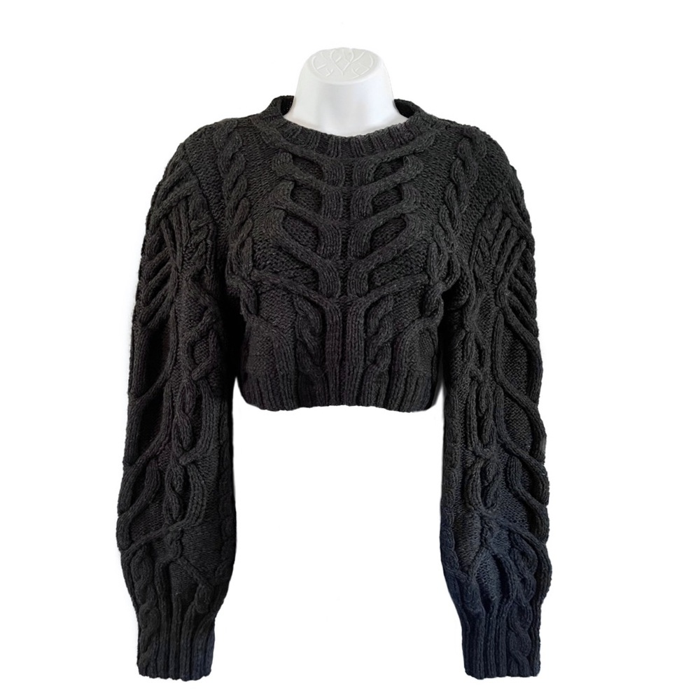 Vera Wang Cropped Cable Knit Fisherman Sweater Black
